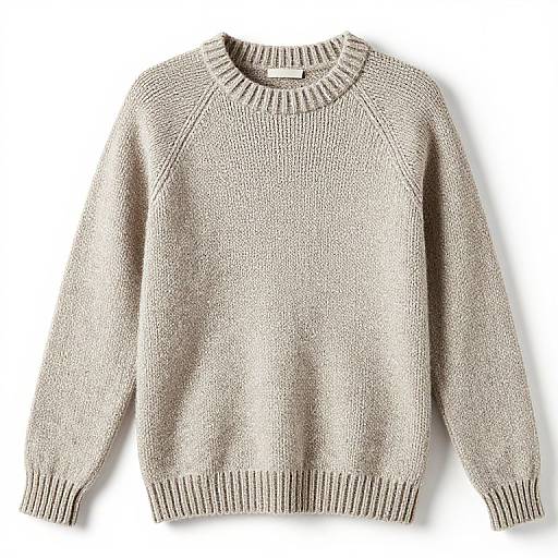 Photograph of a beige, long-sleeved, ribbed-knit sweater with a round neck and matching ribbed cuffs and hem, displayed against