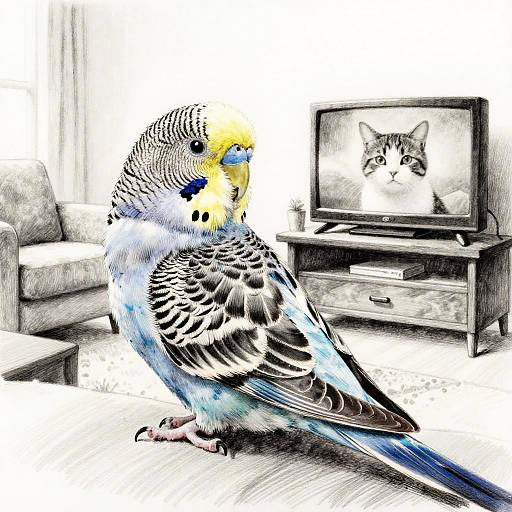 Inked Budgerigar Watching Cat TV