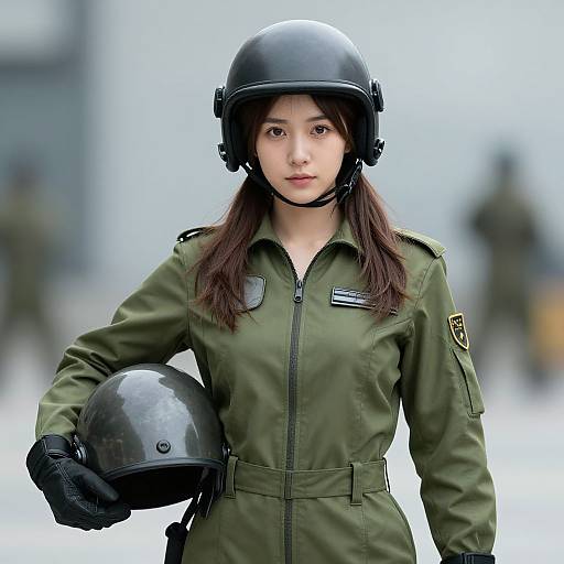 Photograph of an Asian woman in a green military jumpsuit, black helmet, and gloves, holding a black helmet, with a blurred snowy background.