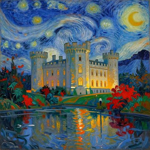 Vibrant digital painting of a castle under swirling blue night sky with yellow stars and moon, reflected in a colorful pond with red flowers. Inspired by