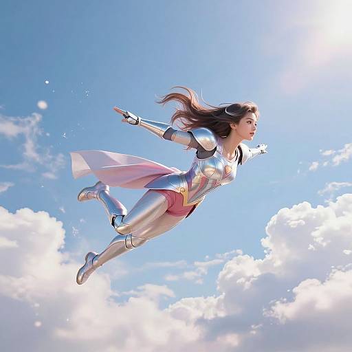CGI image of a superhero woman with silver armor, pink cape, and long brown hair, flying against a bright blue sky with white clouds.