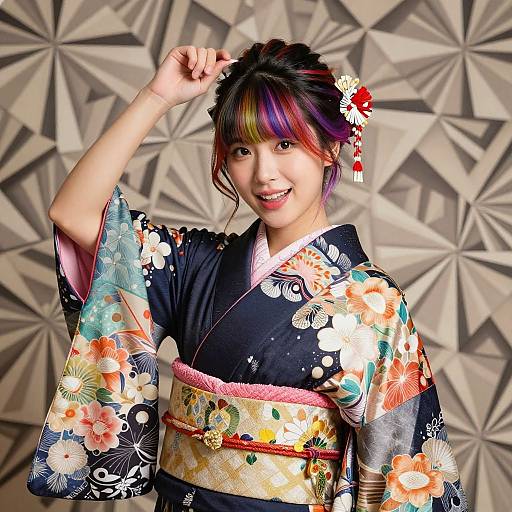 Photograph of an Asian woman with multicolored hair in a floral kimono, smiling, adjusting her hair, with geometric-patterned background.