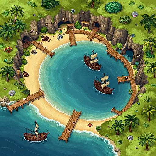 Vibrant overhead digital illustration of a tropical island with sandy beaches, turquoise waters, wooden docks, palm trees, and three sailboats.