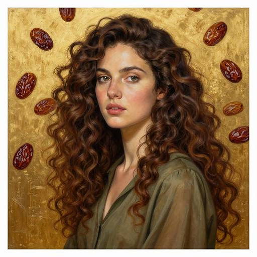 Digital painting of a beautiful young woman with long, curly brown hair, green eyes, and olive skin, wearing a green blouse, set against a golden