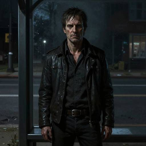Photograph of a wet, disheveled man with messy dark hair, wearing a black leather jacket and shirt, standing at a bus stop at night