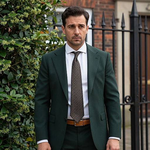 Photograph of a handsome, dark-haired man in a green suit, white shirt, and patterned tie, standing in front of a black iron gate