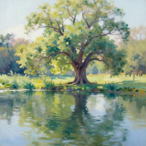 Impressionistic painting of a large, leafy tree reflected in a calm pond, with vibrant green and yellow foliage, and soft sunlight filtering through.