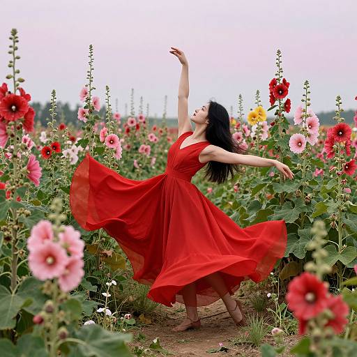 Photograph of a woman with long black hair, wearing a flowing red dress, dancing in a vibrant flower field with tall red, pink, and white