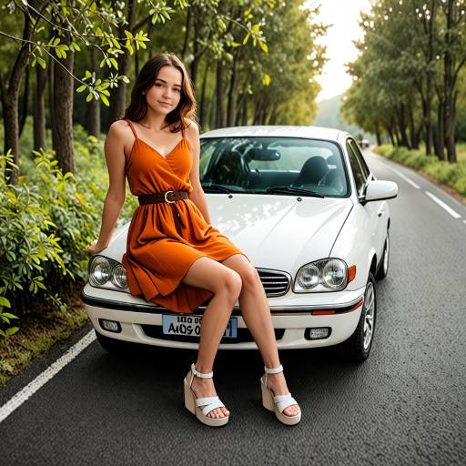 Young Woman Relaxing on Car Hood