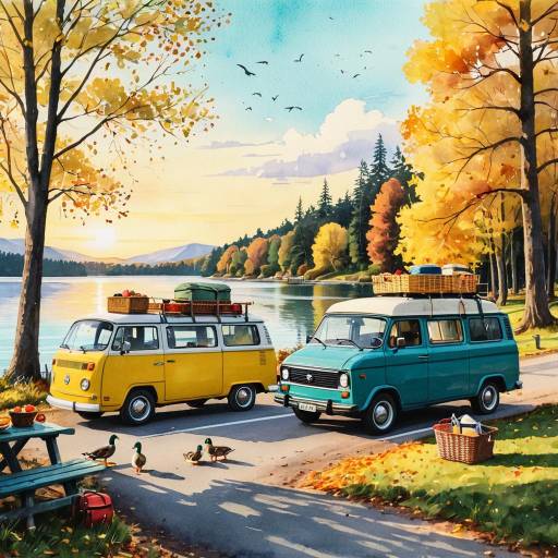 Idyllic Lakeside Scene with Two Cars Idyllic Lakeside Scene with Two Cars