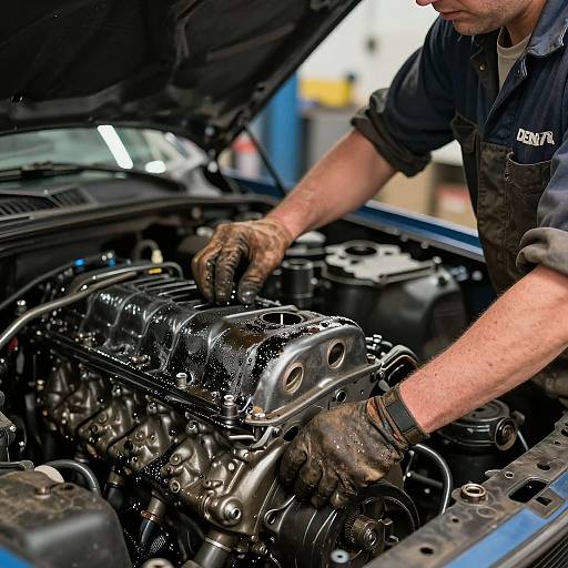 Photograph of a male mechanic with dirty gloves, wearing a blue shirt, working on a shiny, black engine inside an open car hood in a brightly