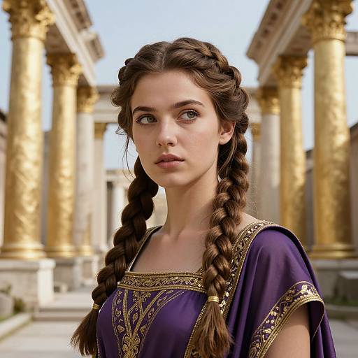 Photorealistic CGI of a young woman with fair skin and braided brown hair, wearing a purple, gold-embroidered ancient Greek-style dress