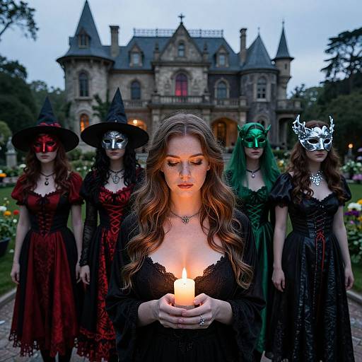 Photograph of five women in gothic Halloween costumes, holding candles, standing in front of a dark, castle-like mansion at dusk.
