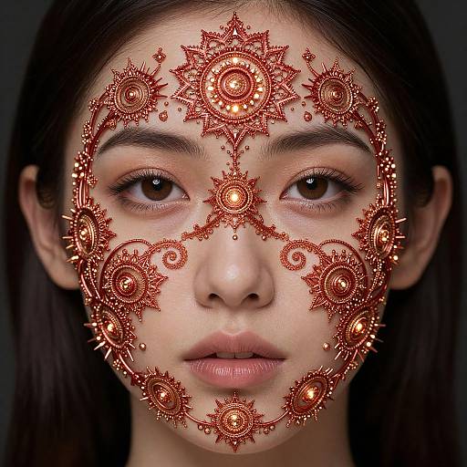Photograph of an Asian woman with dark hair, brown eyes, and intricate red henna mandala patterns covering her face against a black background.