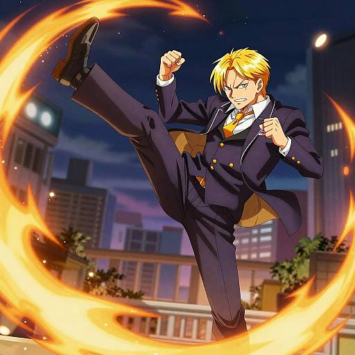 Anime-style drawing of a blonde man in a dark suit, kicking with his right leg, surrounded by fiery rings, against a night city skyline. Dynamic