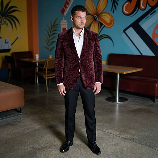 Photograph of a handsome man with short dark hair, wearing a burgundy velvet blazer, white shirt, black pants, and black shoes, standing