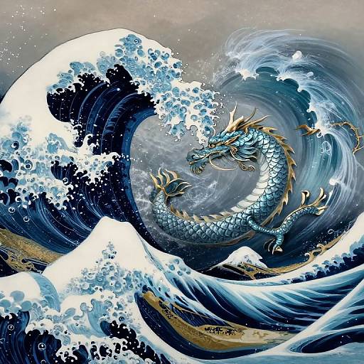 Digital art of a blue, gold-scaled dragon amidst turbulent, white-capped ocean waves, reminiscent of Hokusai's 