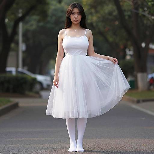 Photograph of an Asian woman with long black hair, wearing a white sleeveless dress, white tights, and white shoes, standing on a tree
