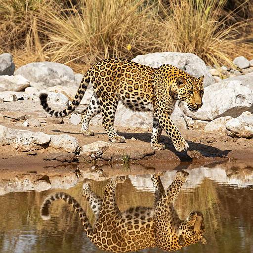 Photograph of a leopard with a reflective water surface, walking along a rocky riverside with tall grass in the background.