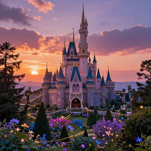 Photograph of a fairy-tale castle with tall spires at sunset, surrounded by colorful flowers, illuminated pathways, and silhouetted trees.