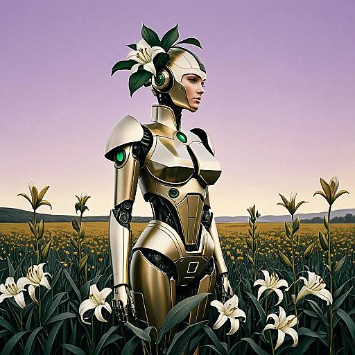 Escher-Inspired Robot Woman in Meadow