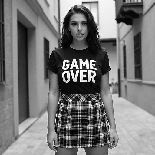 Black-and-white photograph of a young woman with long dark hair, wearing a 