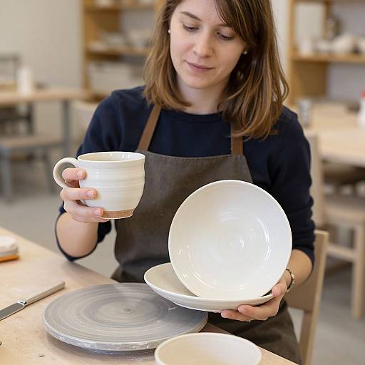 Woman Displaying Handmade Pottery Set