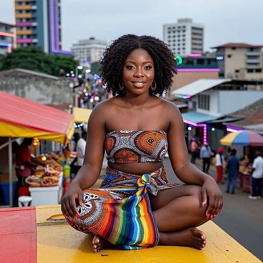 Photograph of a smiling, dark-skinned woman with curly hair, sitting cross-legged in colorful, patterned bandeau and skirt, at a vibrant