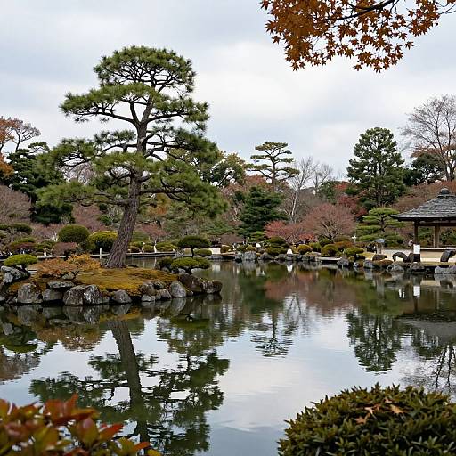 Photograph of a serene Japanese garden featuring a reflective pond, tall pine tree, and autumn foliage, surrounded by rocks and traditional wooden structures.