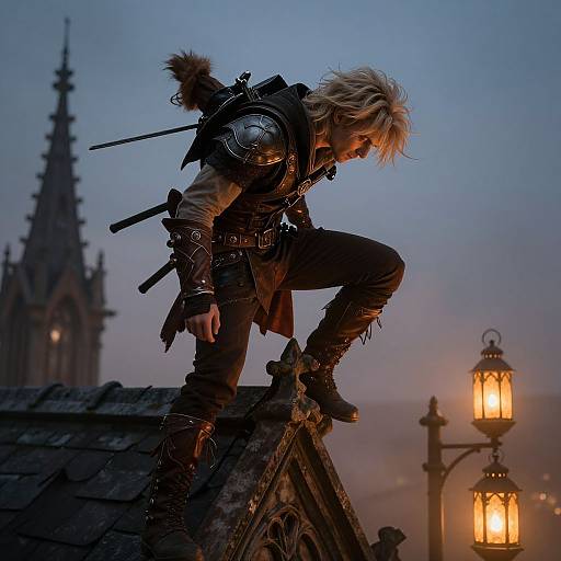 Fantasy warrior with blonde hair, armored shoulder, and sword, crouches on a gothic rooftop at dusk, lit by glowing lanterns.