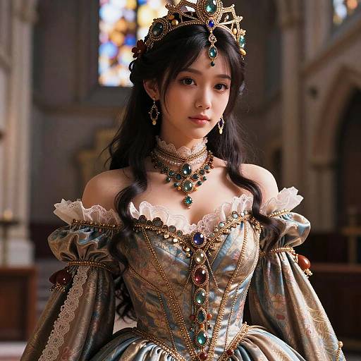 Photorealistic digital artwork of an East Asian princess with long black hair, wearing a gold crown, elaborate green and gold gown, and jewelry, standing