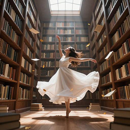 Photograph of a woman in a flowing white dress dancing through a sunlit library, surrounded by floating books and feathers.