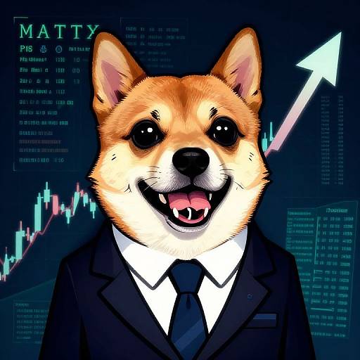 Digital illustration of a smiling Shiba Inu dog in a black suit and tie, with a rising arrow graph background. Text 