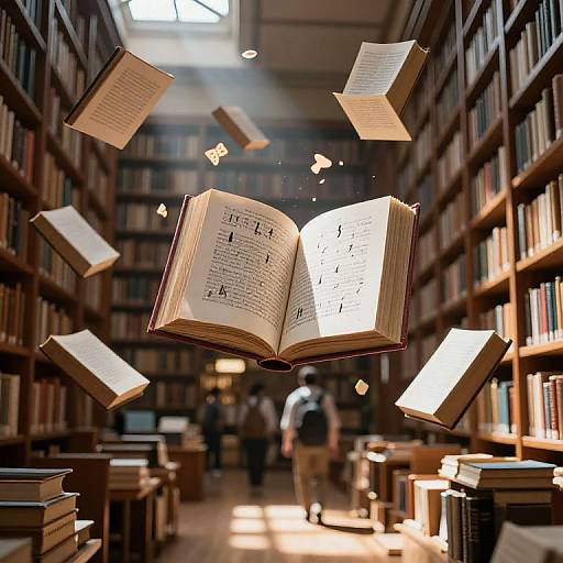 Photograph of an open book with floating pages in a sunlit library, surrounded by bookshelves and blurred figures in the background.