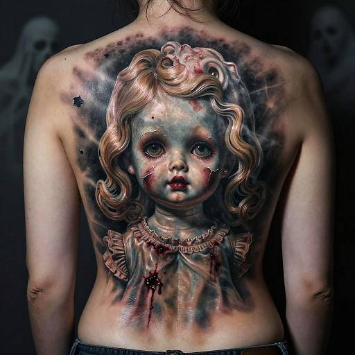 Photograph of a person's back with a detailed, realistic tattoo of a distressed, blue-eyed doll with blood-stained blonde curls, frilled collar