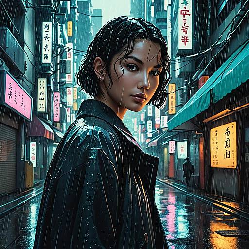 Cyberpunk Detective in Rainy Tokyo Alley