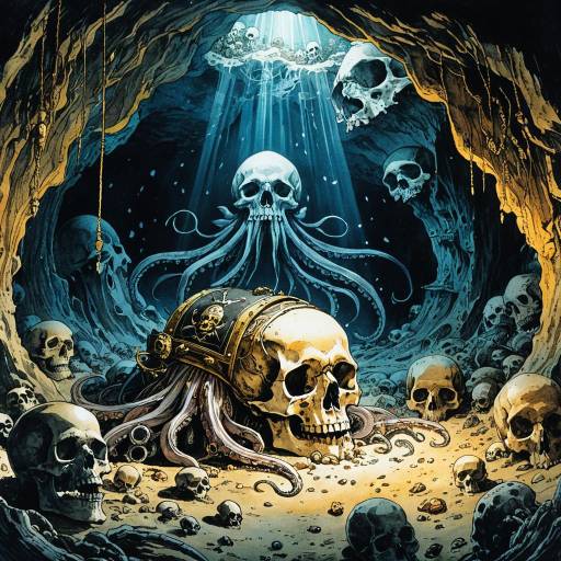 Pirate Treasure Cave with Giant Squid and Skulls