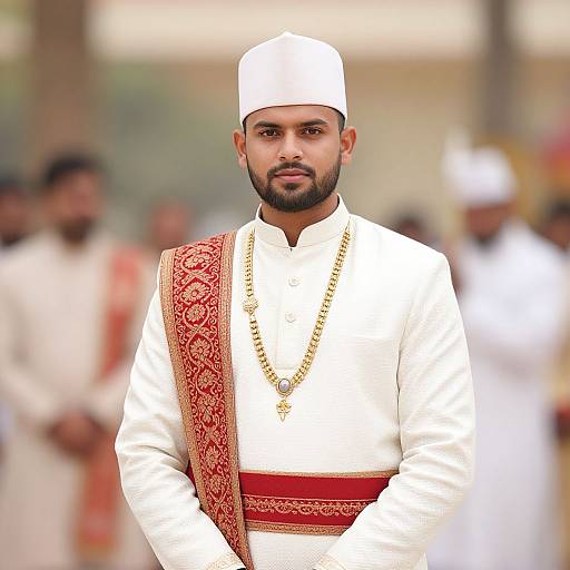 Photograph of a bearded South Asian man in a white traditional outfit with red and gold embroidery, white cap, gold necklace, standing centered in a