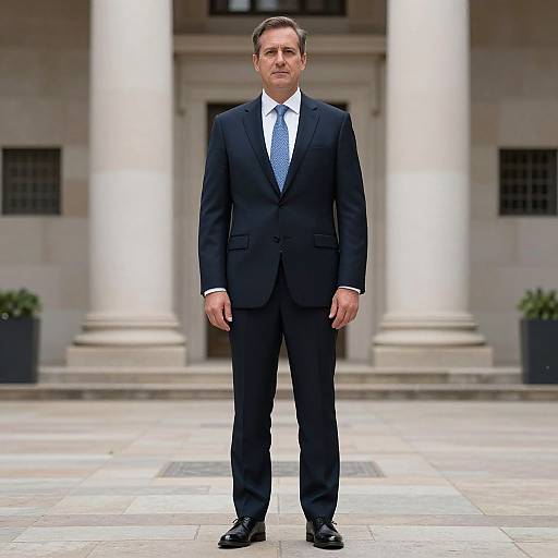Photograph of a middle-aged man in a dark navy suit, white shirt, and blue tie, standing in front of a neoclassical building