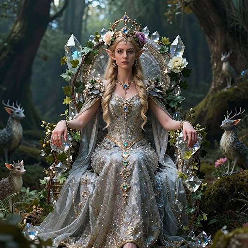 Digital art of a fairytale queen with braided blonde hair, wearing a glittering silver gown and crown, seated on a crystal and flower-ad
