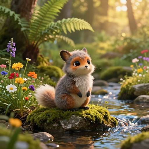 Photorealistic CGI of a cute, fluffy, orange-and-white fox kit sitting on a mossy rock by a sparkling forest stream, surrounded by vibrant
