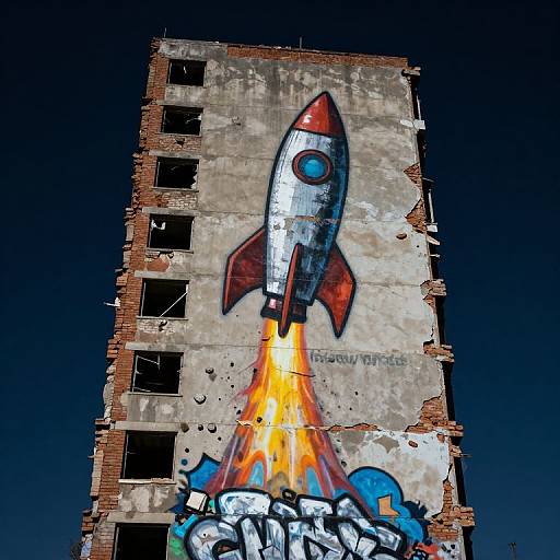 Digital graffiti of a red, white, and blue rocket blasting off from a dilapidated, brick building against a dark blue sky. Flames and debris