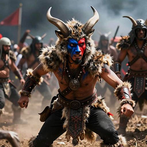 Photograph of a muscular, shirtless warrior with blue and red face paint, large horns, fur-trimmed loincloth, and spiked armor