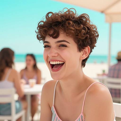 Photograph of a curly-haired woman with short brown hair, smiling widely, wearing a pink-striped tank top, at a sunny beach restaurant. Blurred