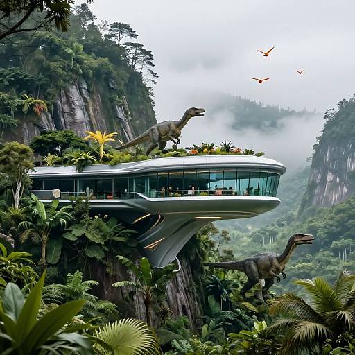 Photorealistic CGI image of a futuristic, cliffside observation deck with two dinosaurs, lush jungle, misty mountains, and flying birds.