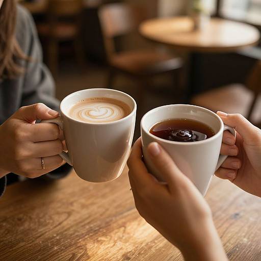 Photograph of two hands clinking white ceramic cups, one with latte art, the other with dark coffee, on a wooden table in a cozy