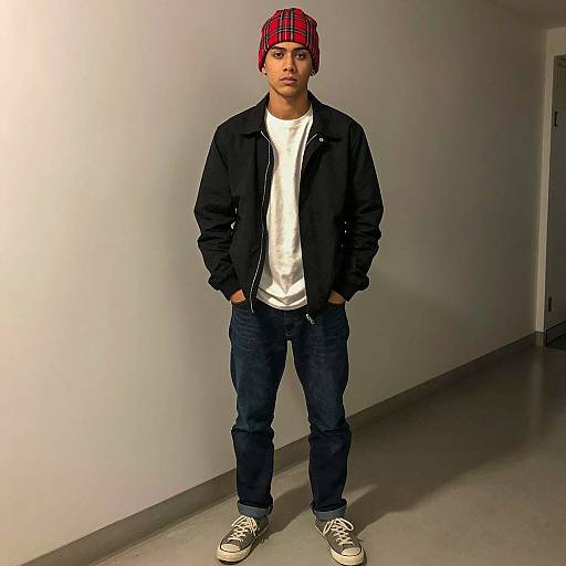 Young Man Wearing Red Plaid Beanie and Casual Streetwear