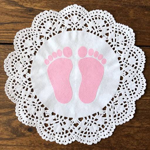 Photograph of pink baby footprints on white paper, centered on a white lace doily, placed on a wooden surface.