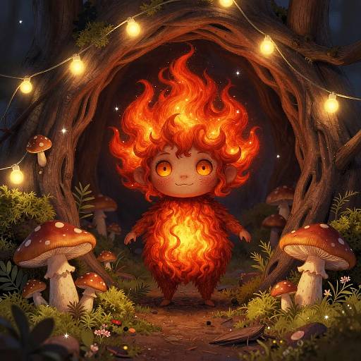 Digital artwork: Chibi creature with fiery orange and red flames for hair and body, standing in a dark forest archway adorned with glowing lights, surrounded