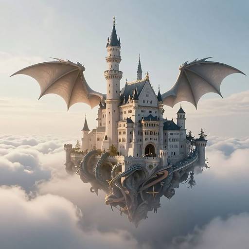 Photorealistic CGI of a fantasy castle with large dragon wings, surrounded by clouds, bathed in soft sunlight, floating in the sky.